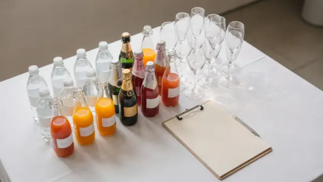 Getränkeauswahl für eine Hochzeit mit Wasser, Saft, Sekt und Checkliste zur Planung