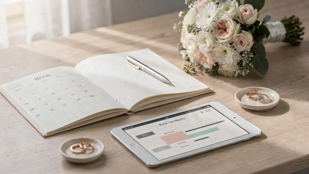 Hochzeit-Tagesablauf mit Kalender, Planer und Hochzeitsutensilien zur stressfreien Planung