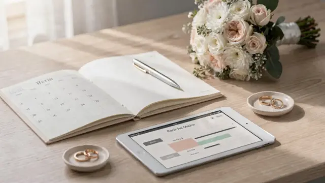 Hochzeit-Tagesablauf mit Kalender, Planer und Hochzeitsutensilien zur stressfreien Planung