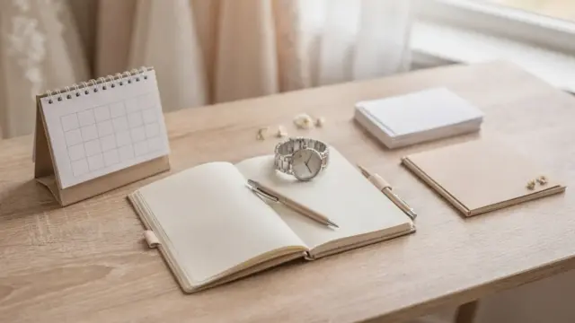Geordnete Hochzeitsplanung mit Kalender, Uhr und Notizen zum Thema Hochzeit Ablauf Stress