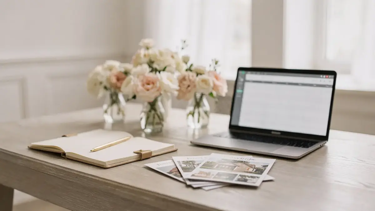 Hochzeitslocation finden: Planung mit Budget, Broschüren und Blumensamples auf einem Tisch