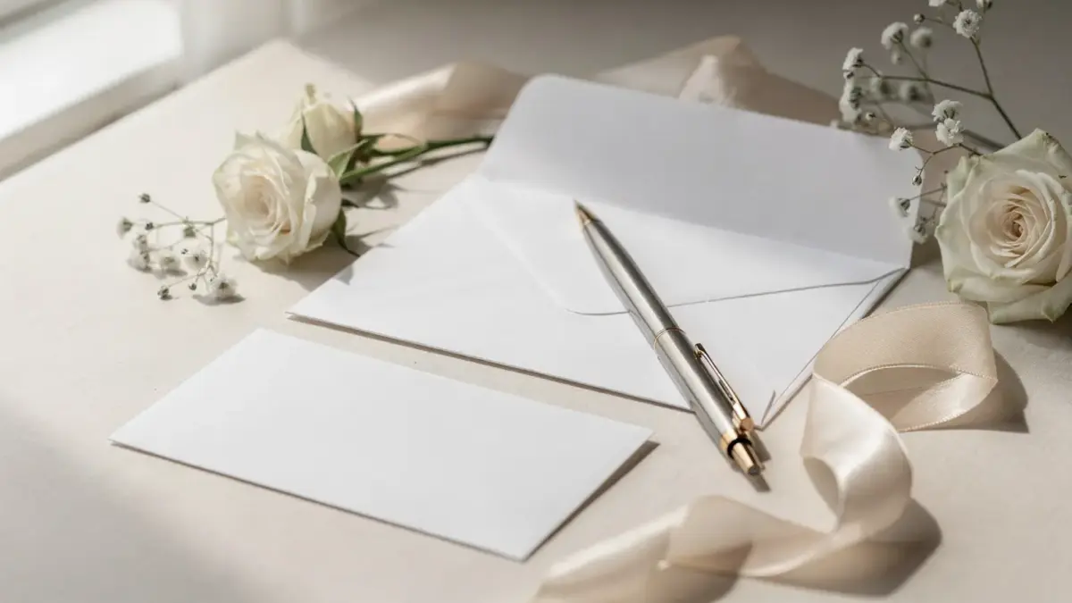 Hochzeit-Dankeskarte mit Karten, Umschlag, Stift und dezenten Hochzeitsdetails auf einem Tisch