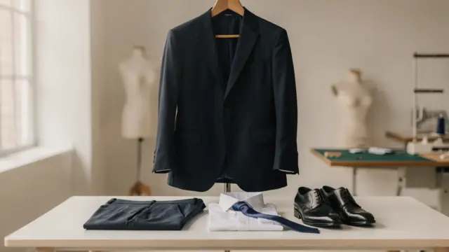 Hochzeitsanzug für den Bräutigam in einem hellen Schneideratelier mit Jacke, Hose und Accessoires