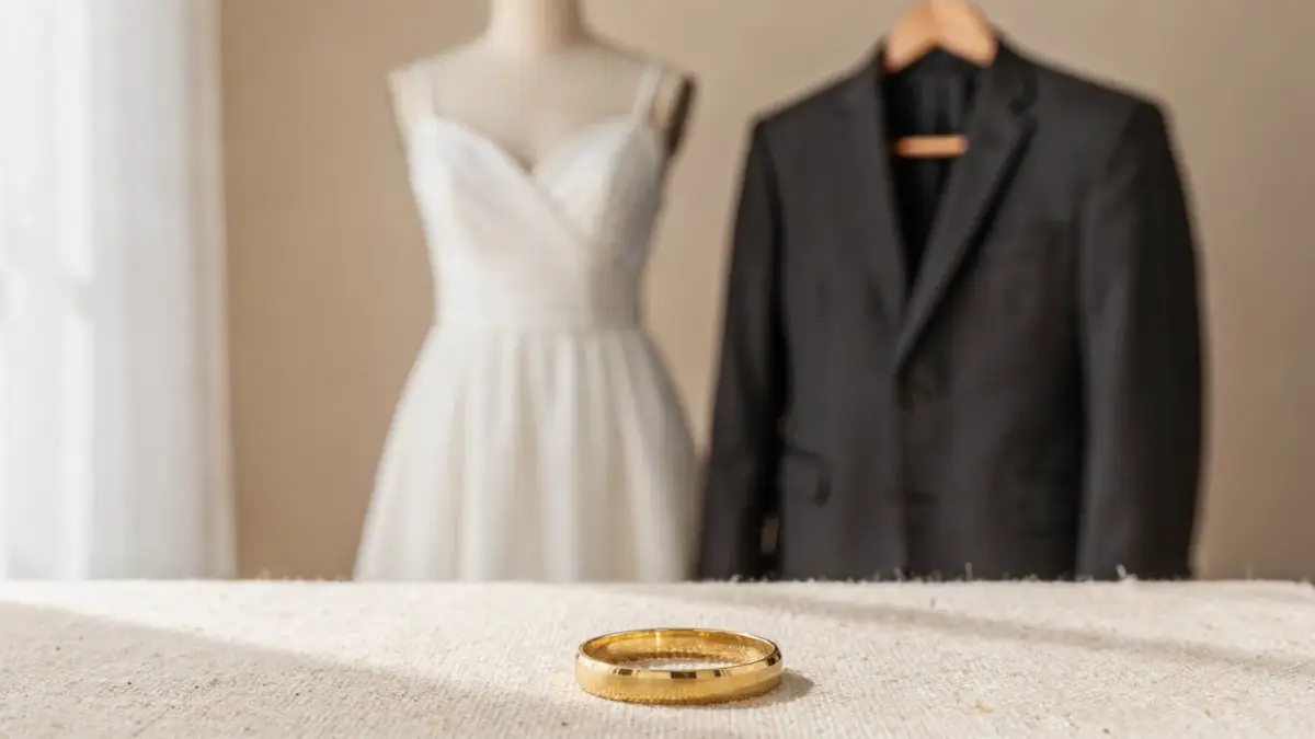 Brautkleid, Anzug und Ringe als Hochzeit Outfit zum Sparen auf neutralem Hintergrund