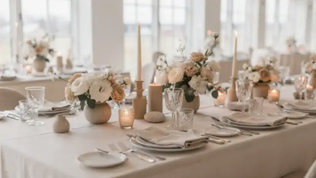 Stimmige Hochzeitsdeko auf einer festlich gedeckten Hochzeitstafel mit Blumen, Kerzen und passender Tischwäsche