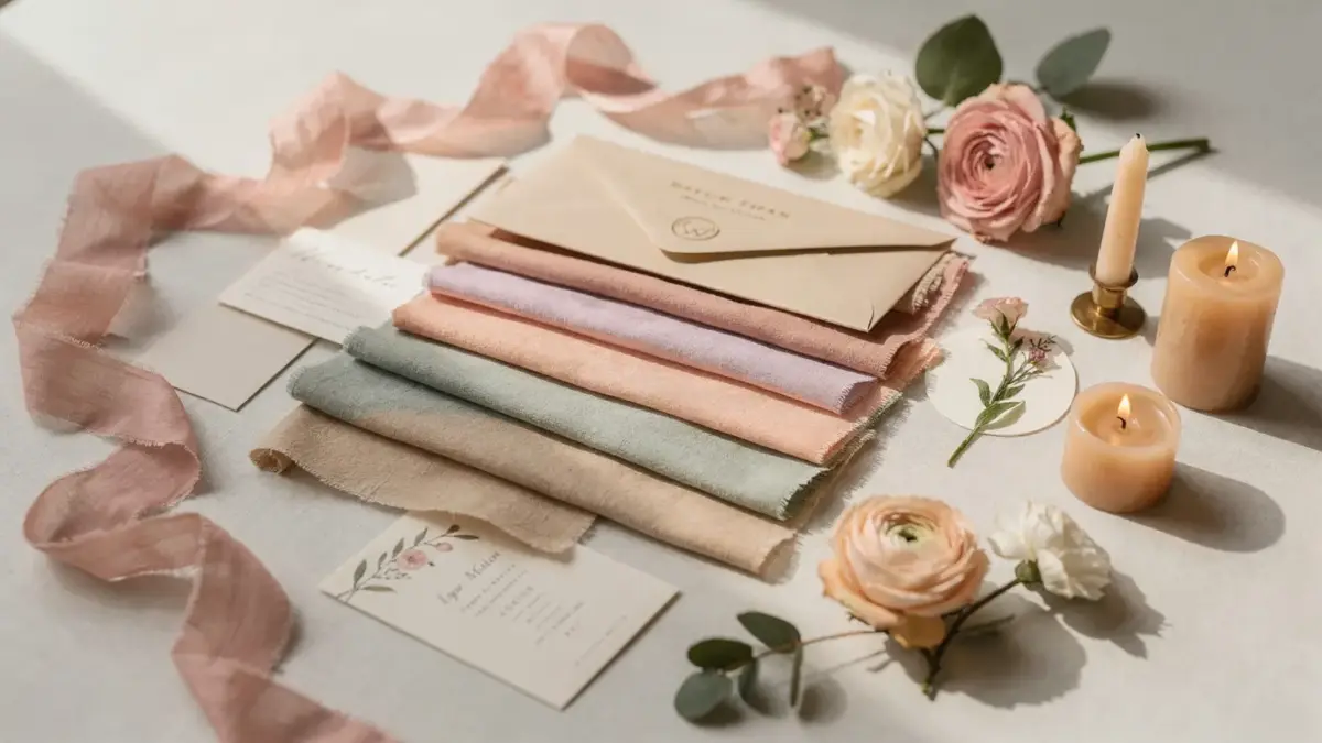Farbpalette und Deko-Muster für ein Hochzeitskonzept auf einem Tisch
