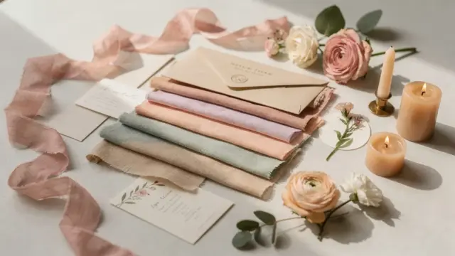 Farbpalette und Deko-Muster für ein Hochzeitskonzept auf einem Tisch
