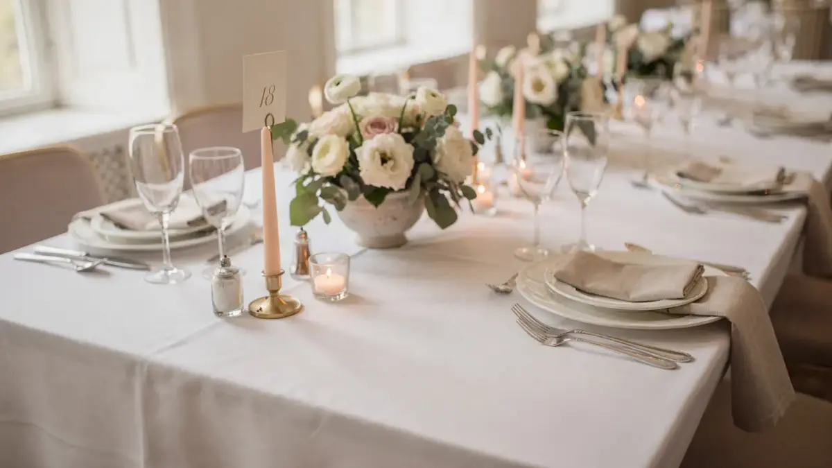 Hochzeitstafel-Deko mit Blumen, Kerzen und elegant gedecktem Tisch für die Hochzeitsfeier