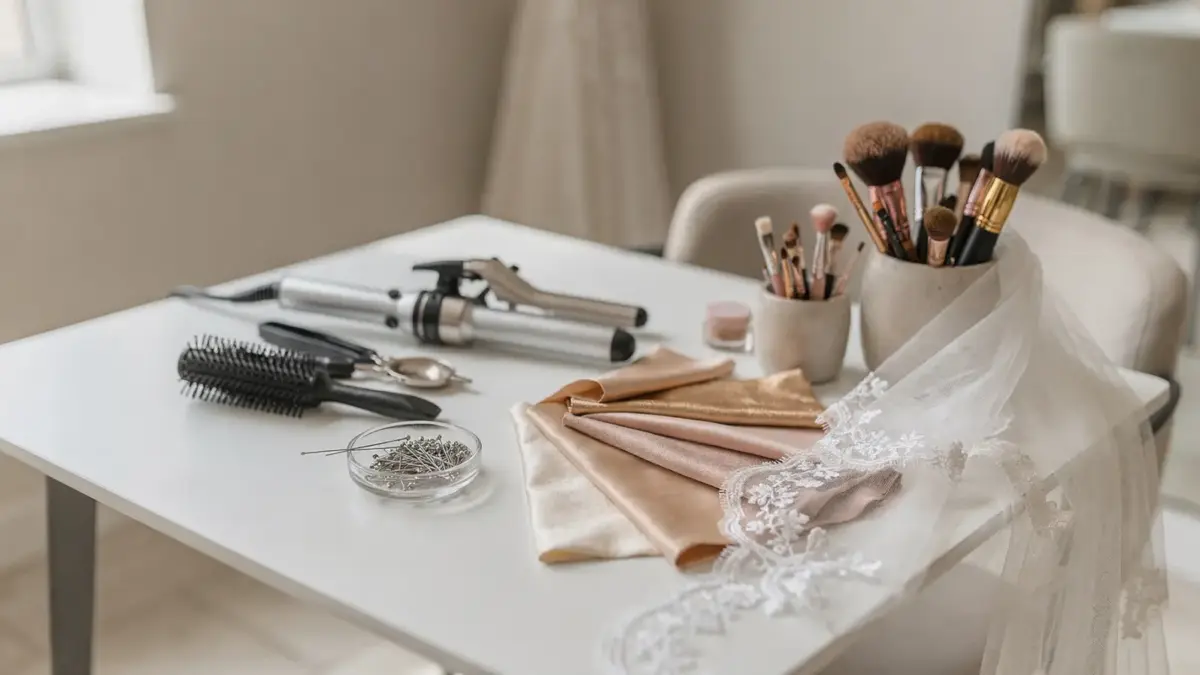 Brautstylistin bei der Auswahl für die Hochzeit mit Schminkutensilien und Haarschmuck im Salon