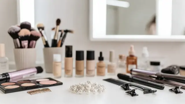 Brautstyling-Probe mit Make-up-Tools, Haarprodukten und Braut-Accessoire im Studio