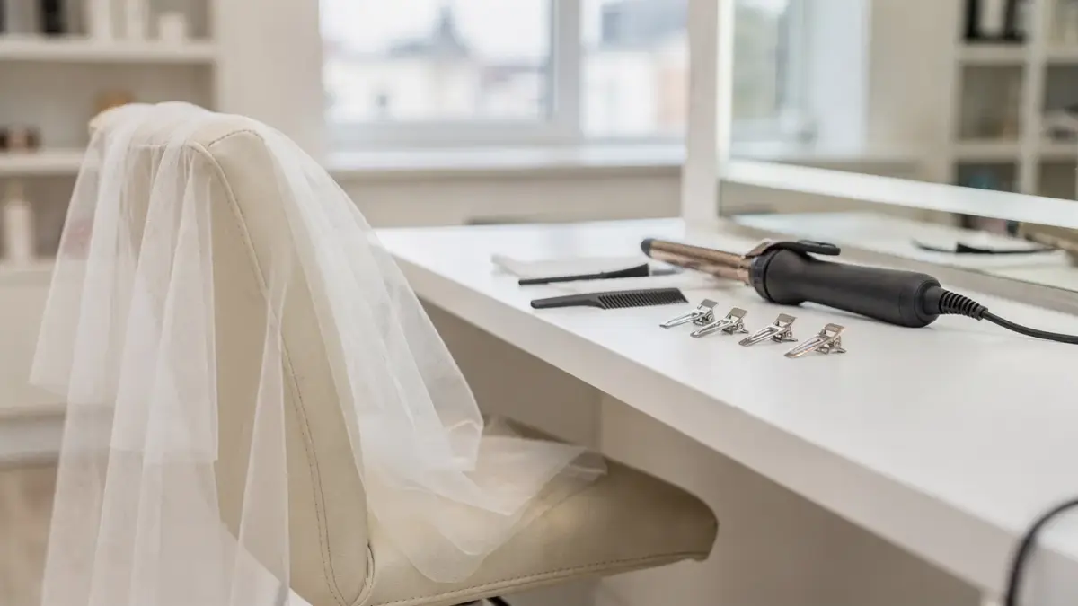 Brautfrisur im Salon mit Styling-Tools für die Hochzeitsfriseur-Auswahl