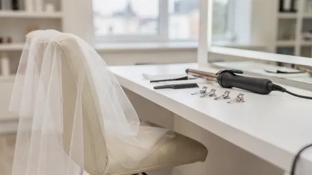 Brautfrisur im Salon mit Styling-Tools für die Hochzeitsfriseur-Auswahl