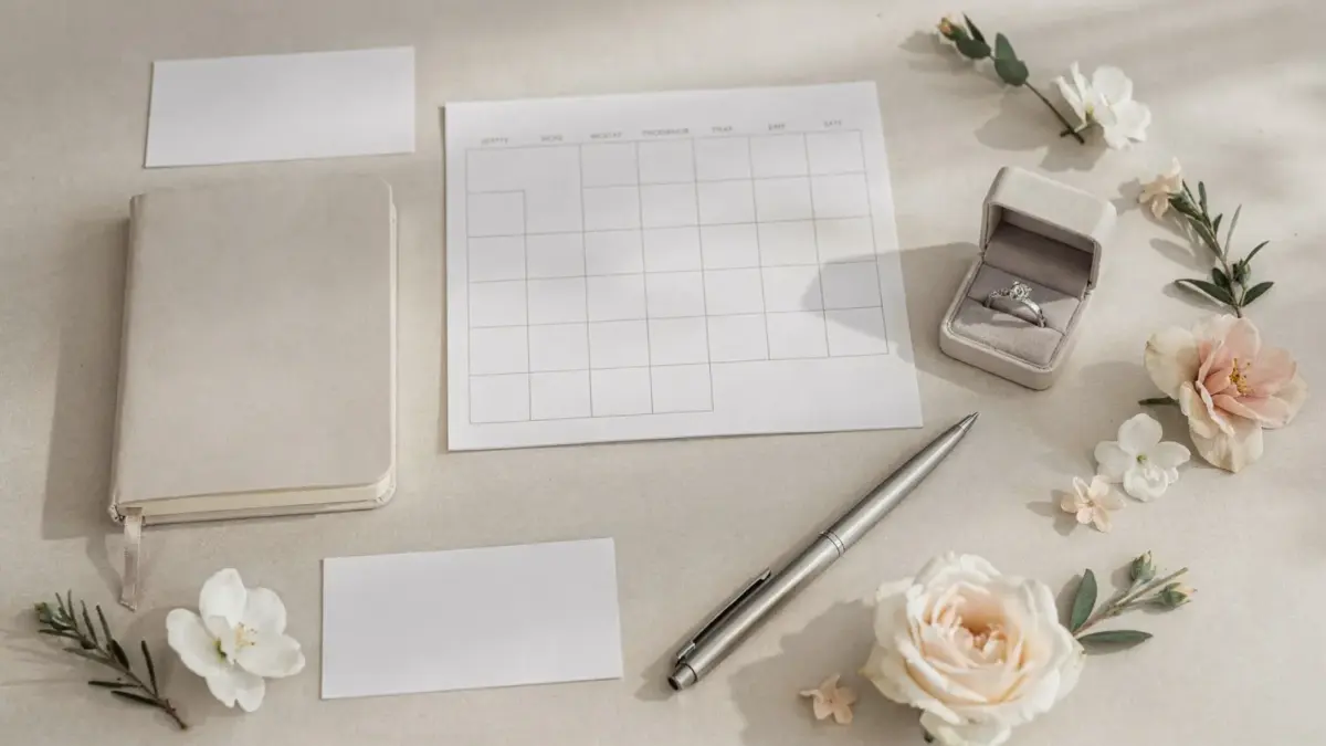 Hochzeitszeitplan mit Kalender, Notizbuch und Planungsunterlagen für Verlobung und Hochzeit