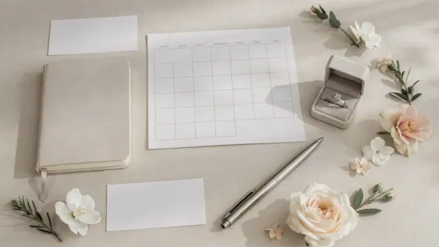 Hochzeitszeitplan mit Kalender, Notizbuch und Planungsunterlagen für Verlobung und Hochzeit