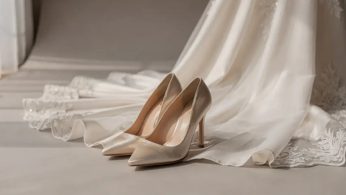 Elegante Brautschuhe neben einem weißen Brautkleid als Beispiel für passende Schuhe zum Brautkleid