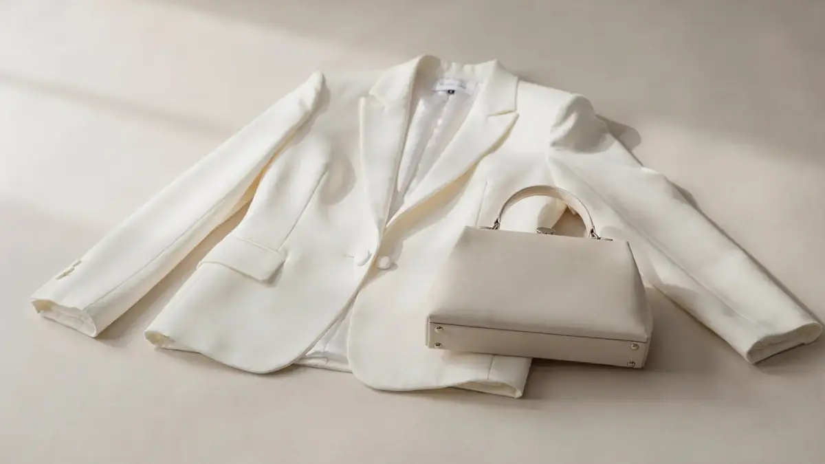 Brautjacke und Brauttasche als passende Accessoires zur Hochzeit auf hellem Hintergrund