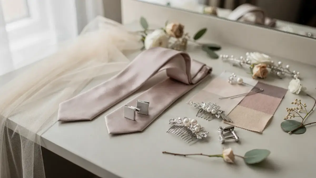 Braut- und Bräutigam-Styling für die Hochzeit mit Accessoires, Stoffen und Deko auf einem Tisch