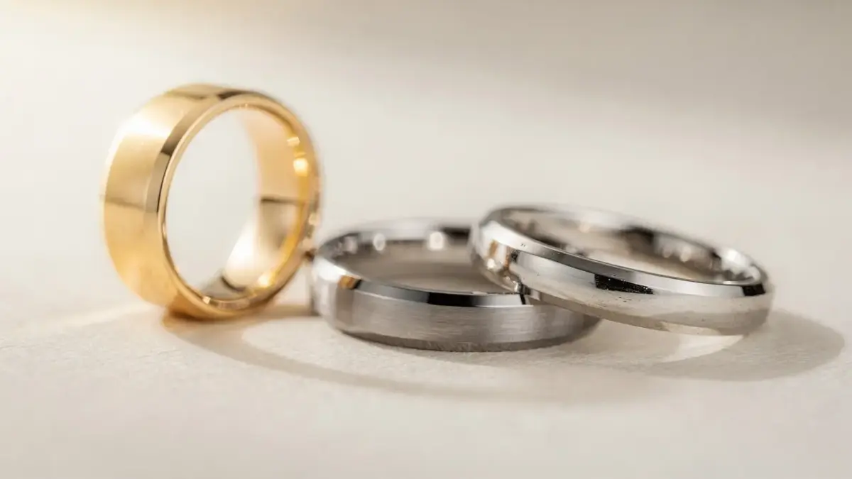 Verschiedene Eheringe-Materialien wie Gold, Platin und Titan als geordnete Auswahl für Trauringe