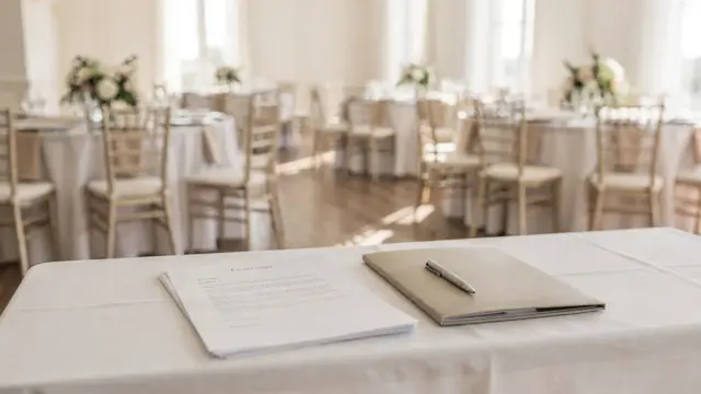 Hochzeitslocation mit gedeckten Tischen und Vertrag zu Zusatzkosten für Brautpaare