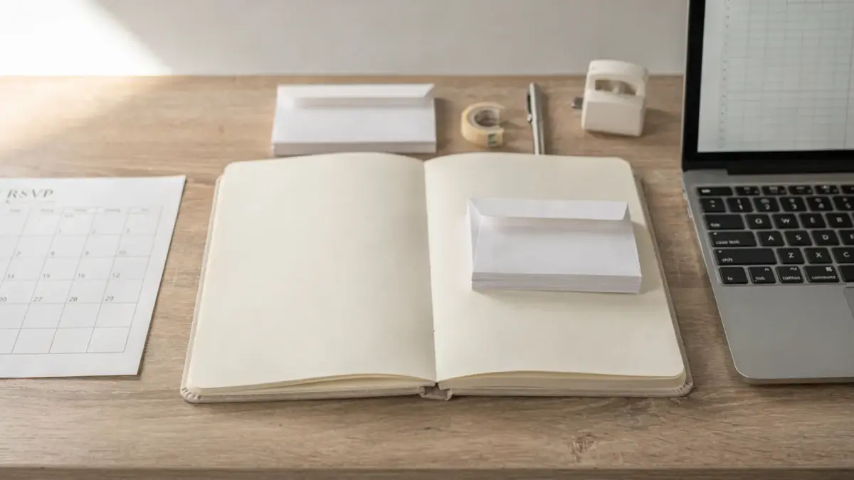 Gästeliste, Kalender und Umschläge zur Verwaltung von Hochzeit Zusagen und Fristen
