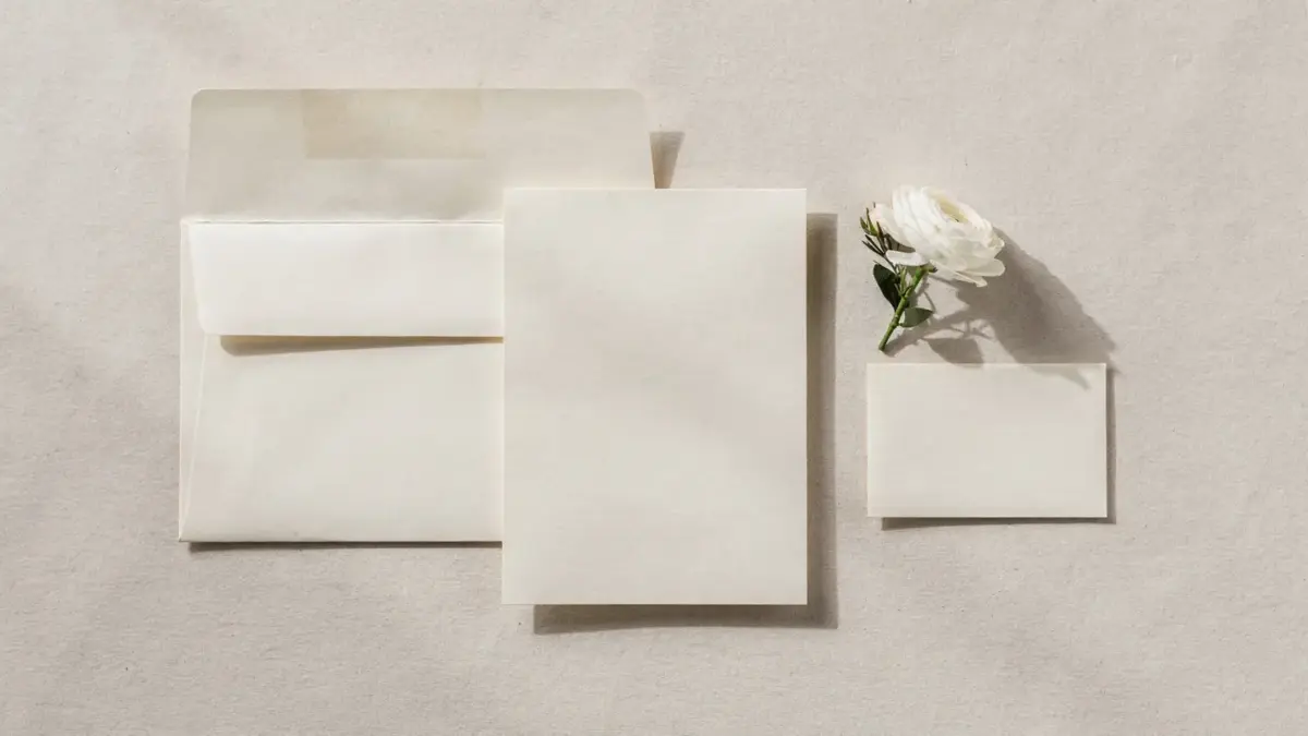 Hochzeitseinladung mit Karten, Umschlag und RSVP-Karte auf hellem Untergrund