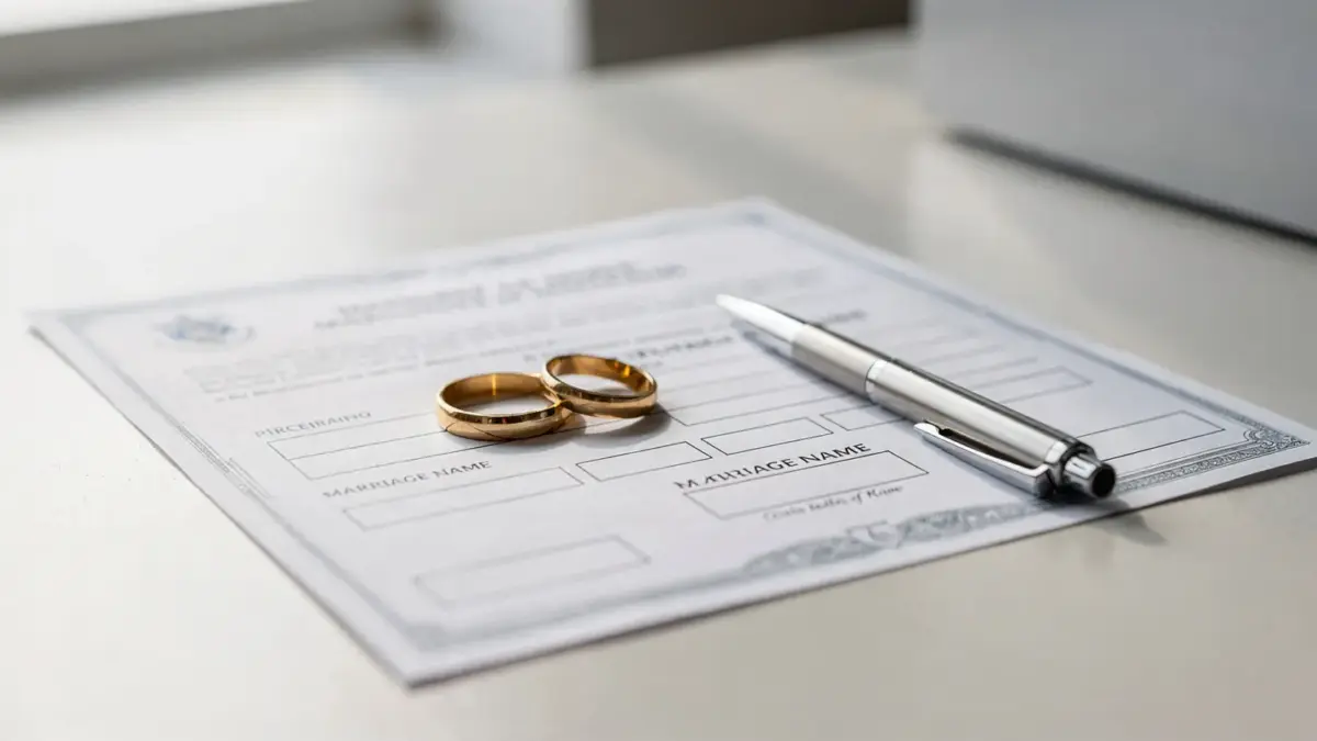 Ehe-Doppelname: Ringpaar, Formular und Stift auf dem Standesamts-Desk