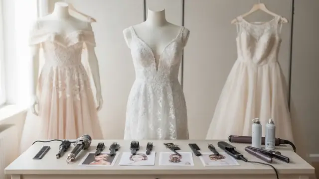 Brautfrisuren und Brautkleid-Ausschnitte in einem Bridal-Atelier