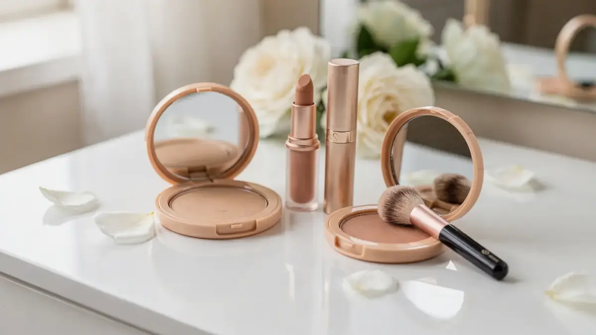Braut-Make-up-Set mit neutralen Produkten für natürliches Hochzeits-Make-up