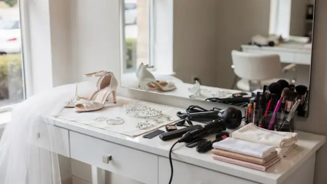 Braut-Styling-Probetermin mit Frisuren- und Make-up-Accessoires in einem hellen Salon