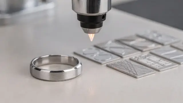 Lasergravur im Trauring: Ein Trauring und ein Gravurgerät in einer Schmuckwerkstatt
