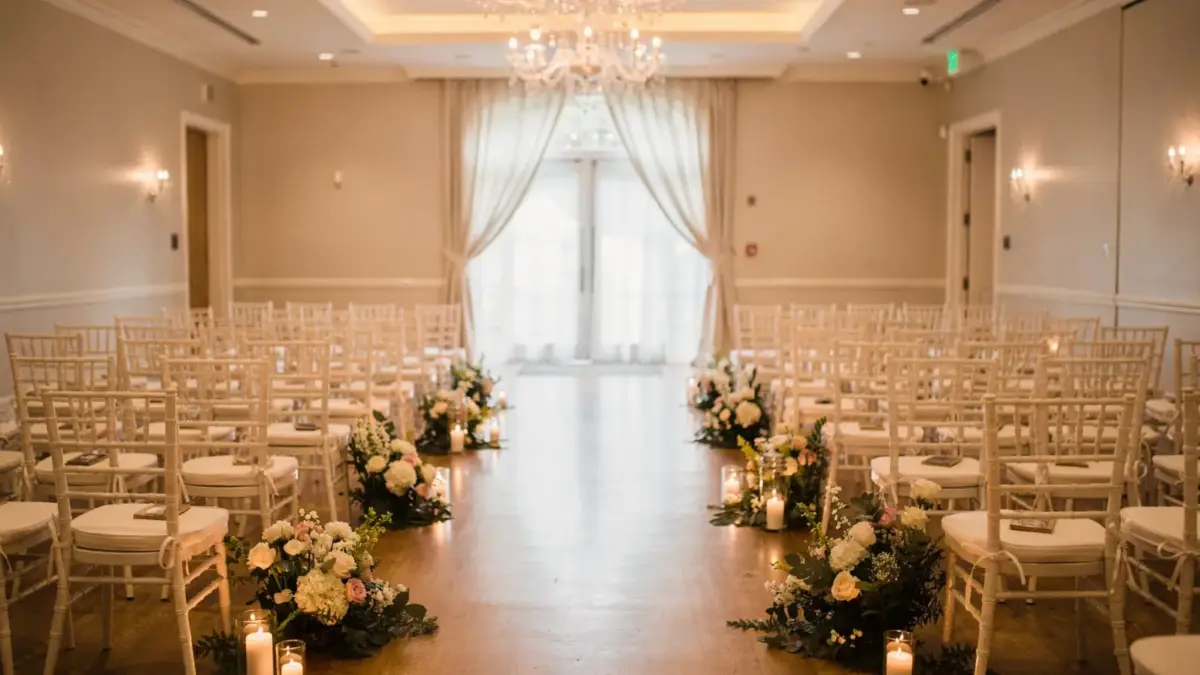 Vorbereiteter Hochzeitssaal mit Gang und Blumendeko für den Einzug zur Hochzeit