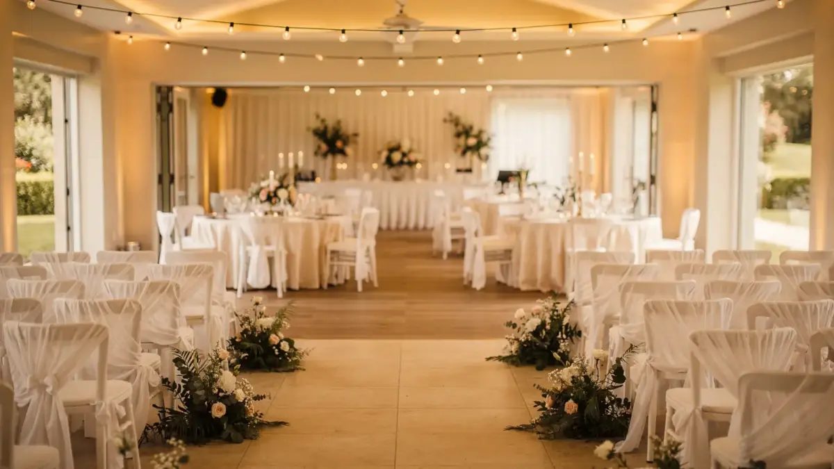 Festlich dekorierter Übergang von Trauung zur Feier am Hochzeitstag mit Stühlen, Blumen und gedeckten Tischen