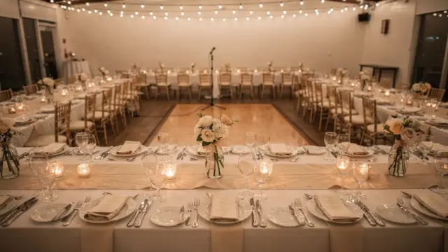 Elegant dekorierte Hochzeitslocation mit Mikrofon, Tanzfläche und Tischdeko zum Thema Hochzeitsabend-Programm