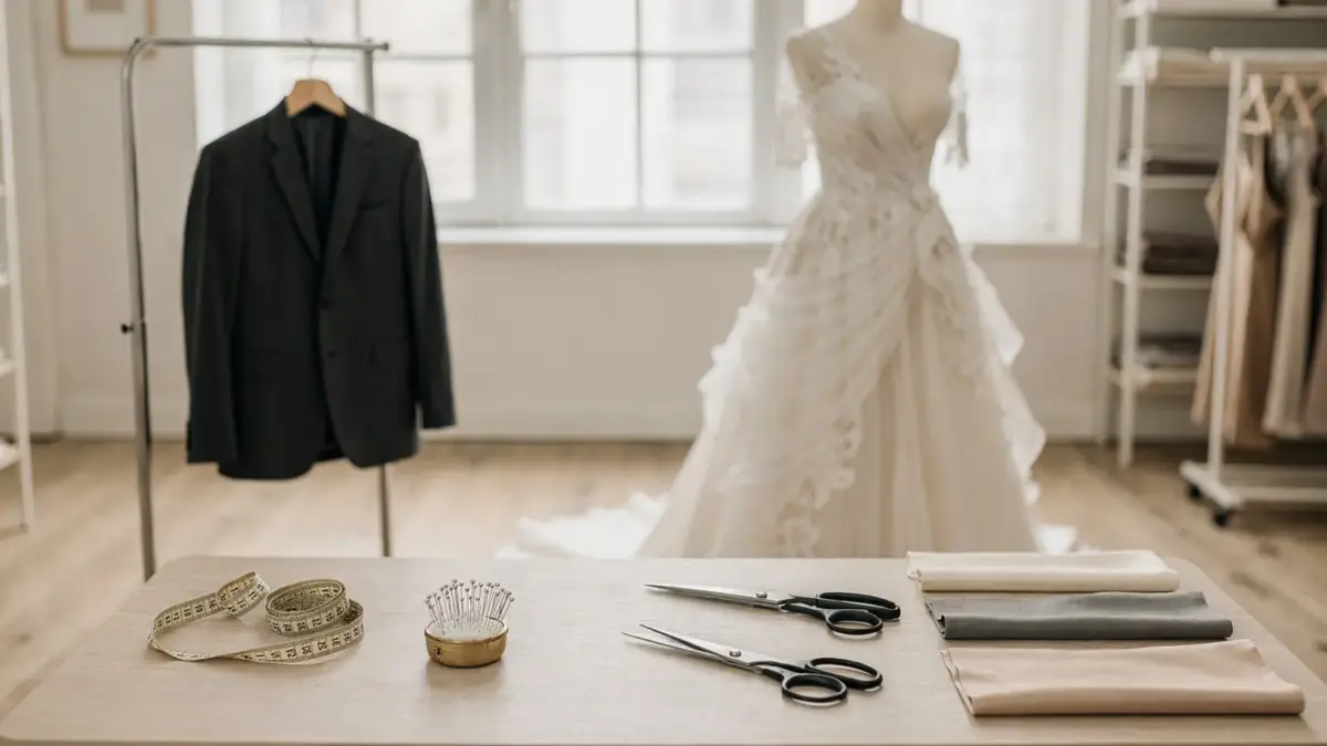 Hochzeitsanprobe im Atelier mit Brautkleid, Anzug, Maßband und Stoffmustern