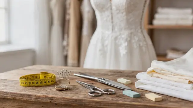 Brautkleid im Änderungsatelier mit Maßband, Stecknadeln und Schneiderwerkzeug für übliche Anpassungen.
