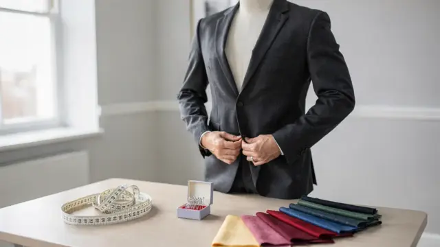 Schneider passt einen Hochzeitsanzug in der Anprobe an, mit Maßband und Stoffmustern.