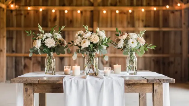 Stimmige Scheunenhochzeit-Deko mit Holztisch, Blumen, Lichterketten und Kerzen in einer Scheune