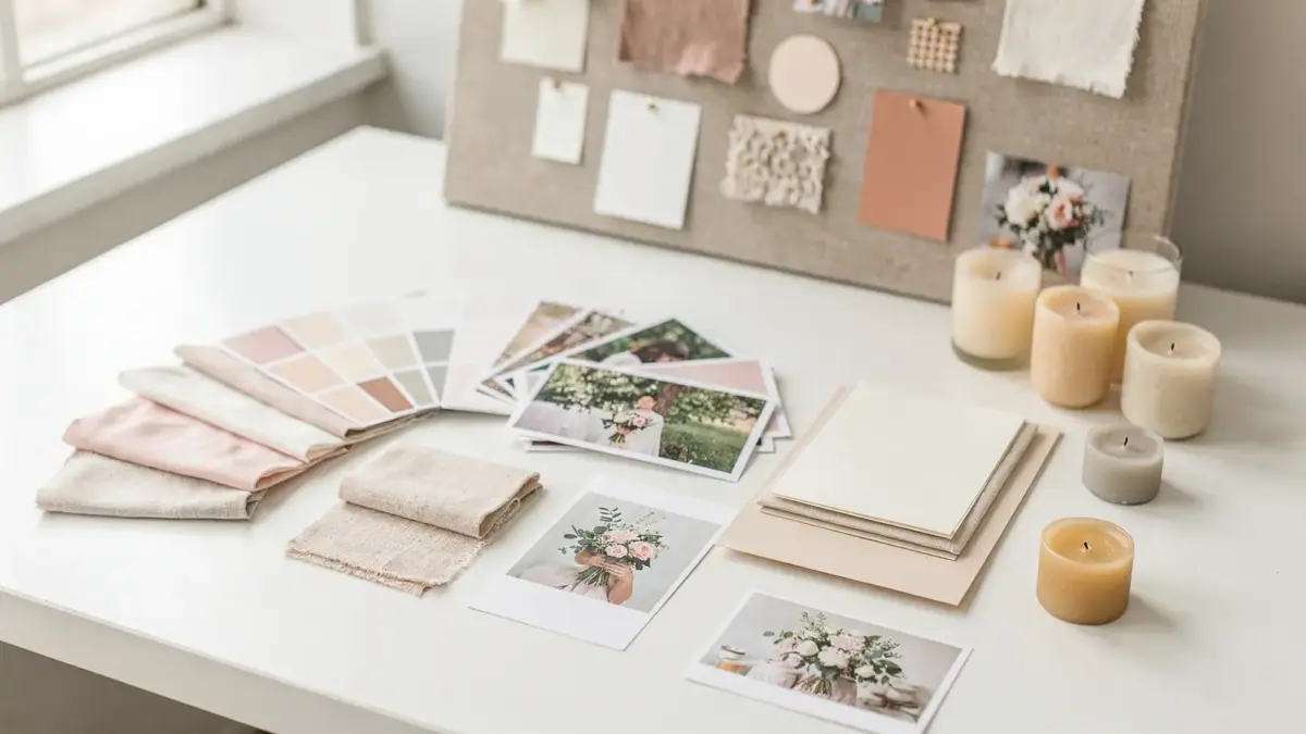 Hochzeitskonzept entwickeln: Moodboard mit Farbmustern, Stoffen und Deko für ein stimmiges Gesamtkonzept