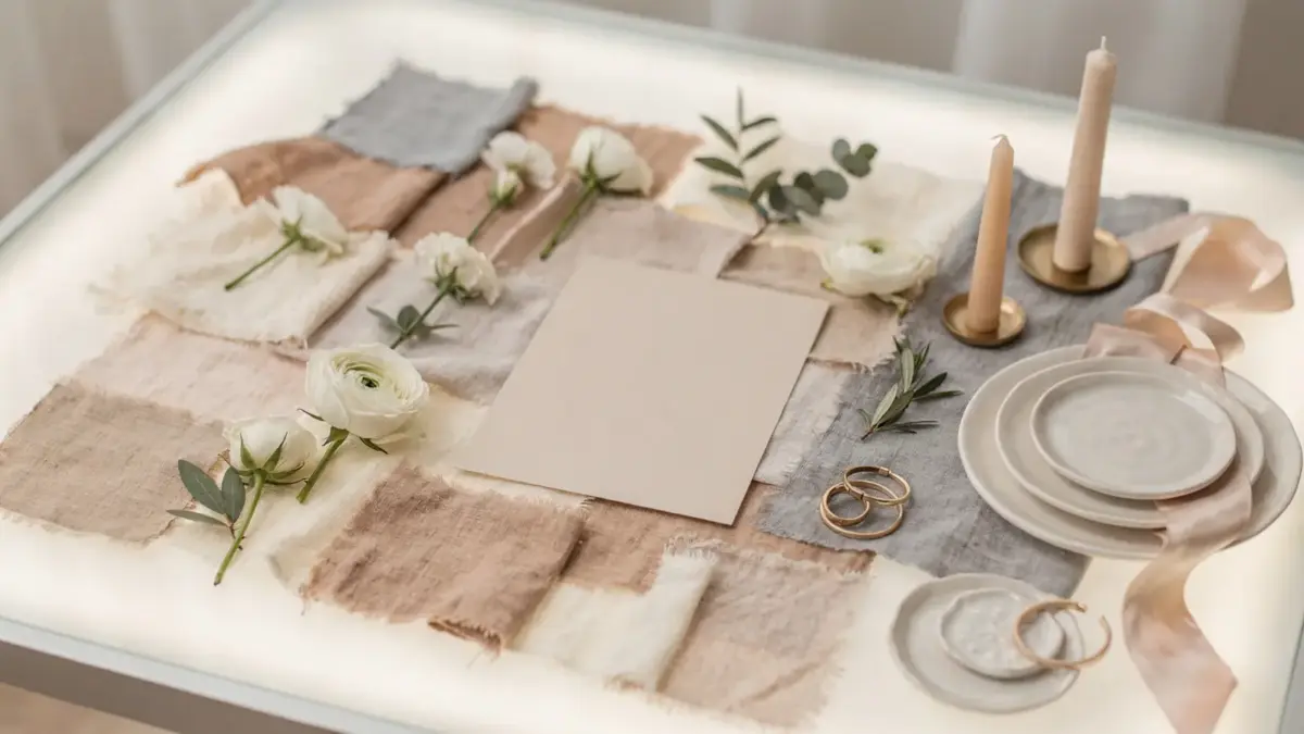 Moodboard zum Hochzeitsstil mit Stoffmustern, Blumenelementen und Dekoobjekten