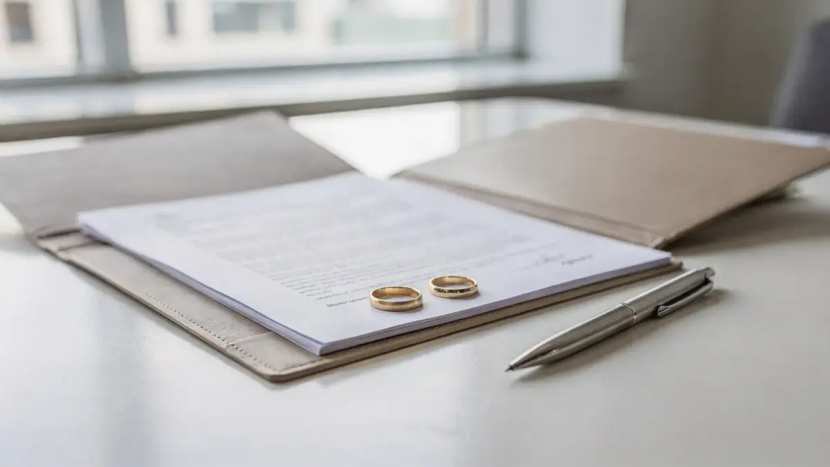 Ehevertrag vor der Hochzeit mit Unterlagen, Eheringen und Stift auf dem Schreibtisch