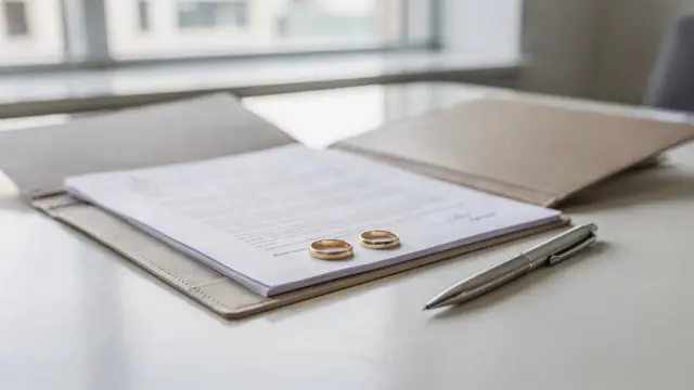 Ehevertrag vor der Hochzeit mit Unterlagen, Eheringen und Stift auf dem Schreibtisch