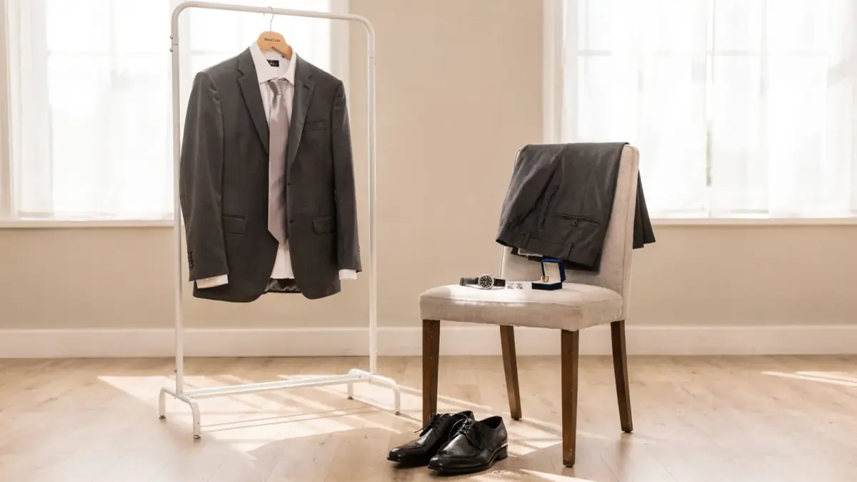 Bräutigam-Outfit im Standesamt: Anzug, Hemd, Krawatte und Schuhe für die Trauung