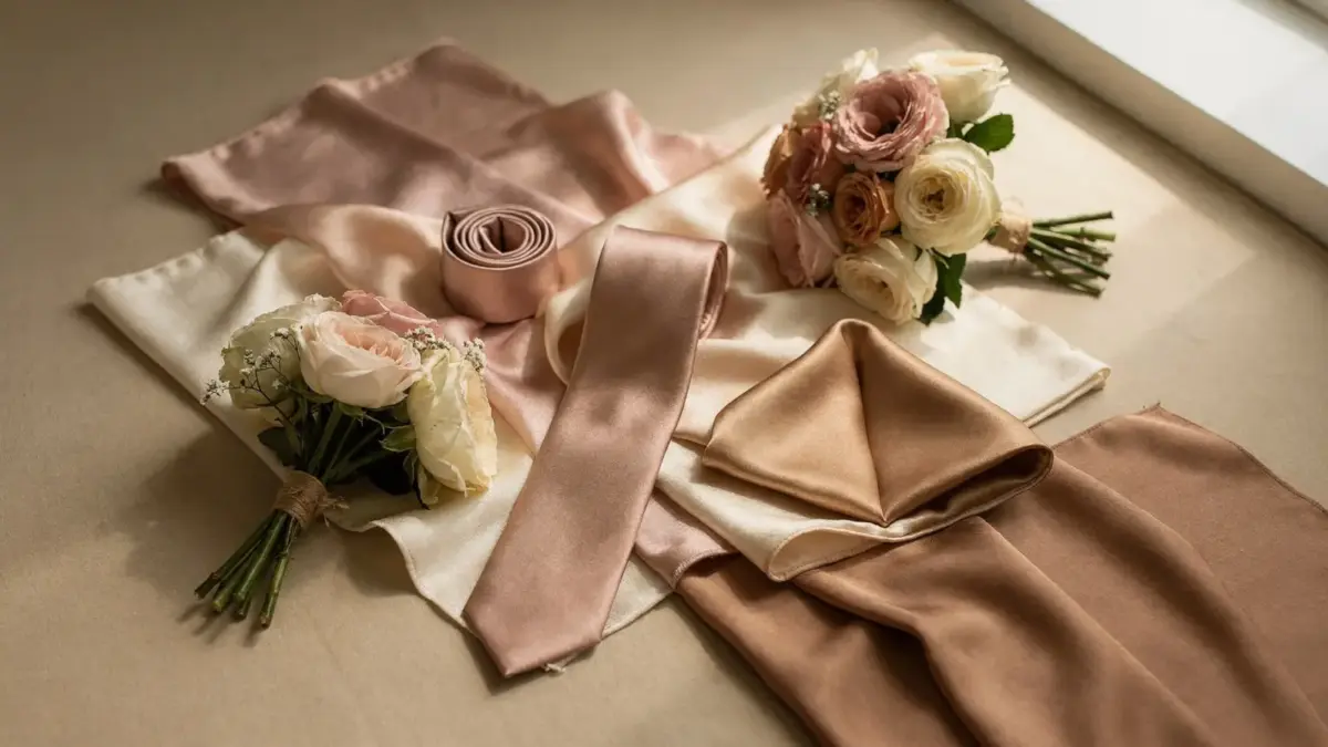 Farbkonzept für die Hochzeit mit abgestimmten Stoffmustern, Accessoires und Blumen für Brautpaar und Gäste