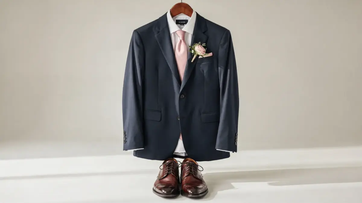 Geordnete Hochzeitsgarderobe mit Anzug, Hemd, Krawatte und Schuhen als Thema Hochzeit-Dresscode-Etikette