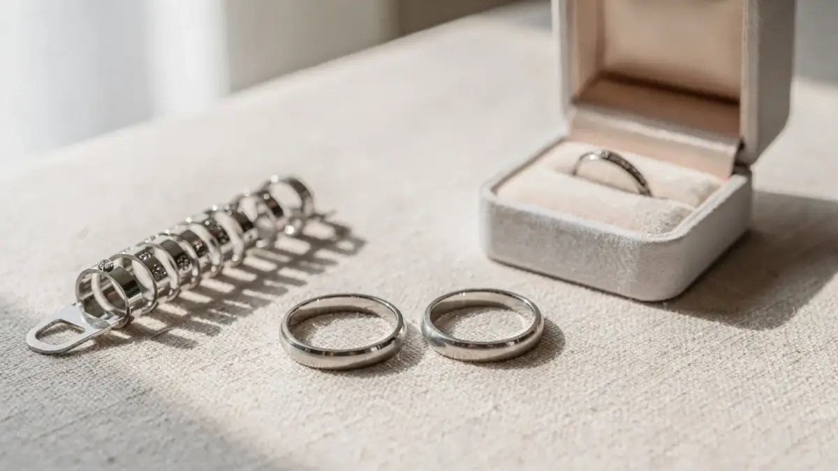 Trauringe auf einem hellen Tisch mit Ringmaß und Schmuckbox zum Thema Trauringe kaufen