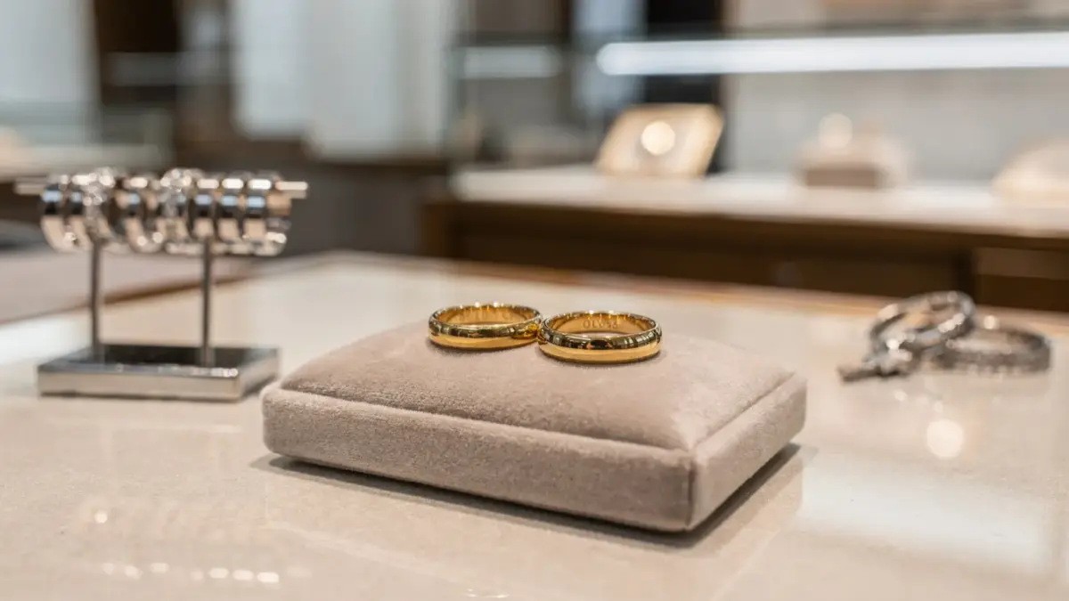 Trauring-Beratung beim Juwelier mit zwei Goldringen, Ringmaß und Schmucktablett