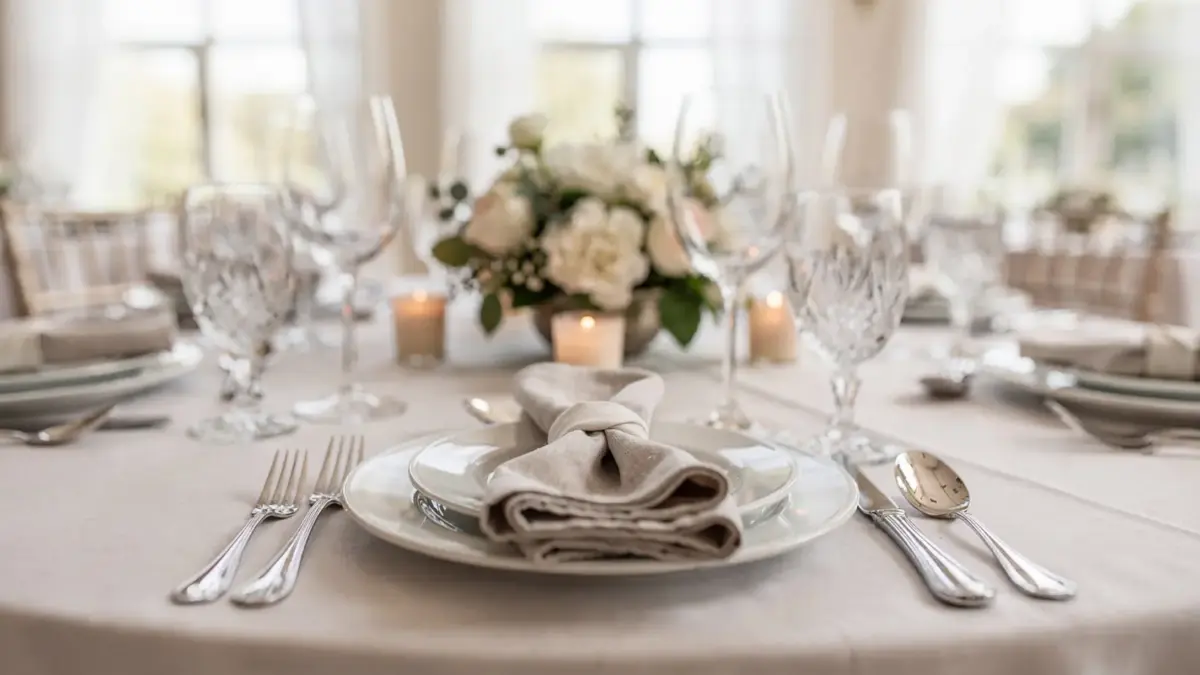 Eleganter Hochzeitstisch mit Menüplanung für die Hochzeitsfeier und festlicher Tischdekoration