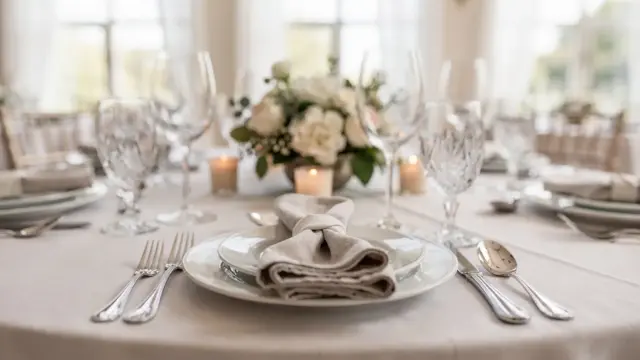 Eleganter Hochzeitstisch mit Menüplanung für die Hochzeitsfeier und festlicher Tischdekoration