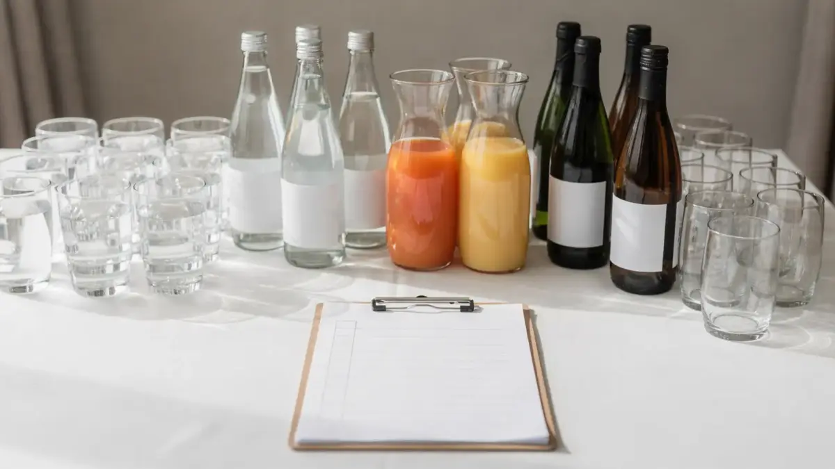 Getränkeplanung für die Hochzeit mit Wasser, Sekt, Wein und Checkliste auf dem Tisch