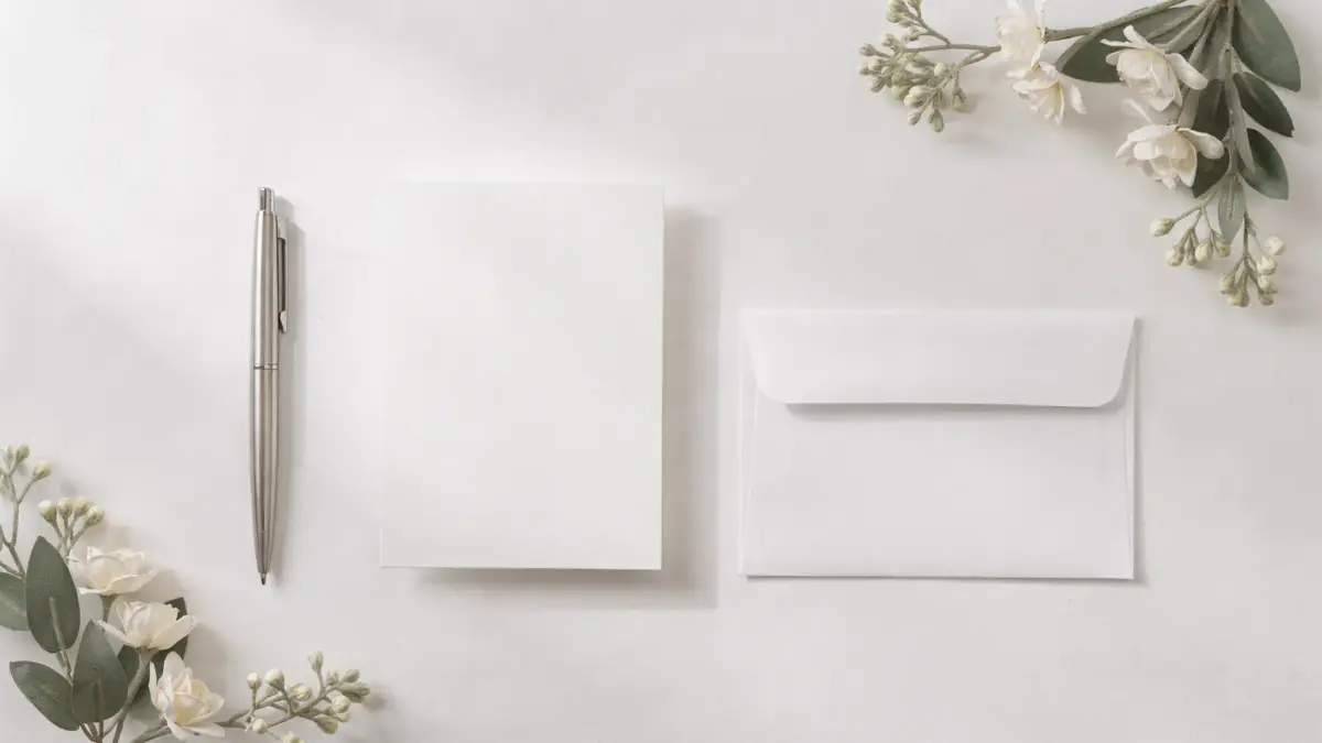 Save-the-Date-Karte zur Hochzeit mit Umschlag und Stift auf hellem Tisch